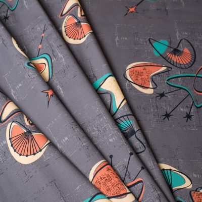 mid century boomerang interior fabric with turquoise and coral accents